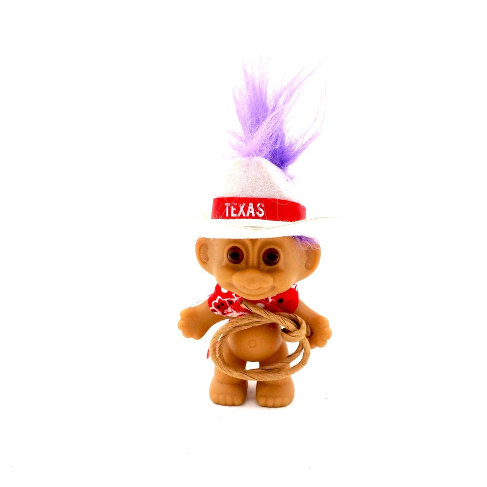 Texas Cowboy Troll Doll Purple Hair White Hat‎ Red Scarf Lasso Vintage Toy